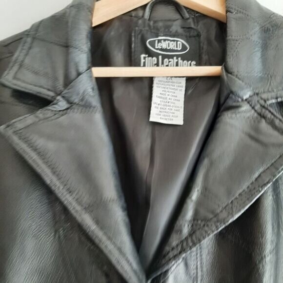 LE WORLD Vintage Genuine Leather Jacket Coat Patchwork Finish Black Sz L - Picture 8 of 14